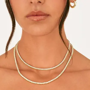 Trendy 14K Gold Tennis Necklace for Women - Brilliant Simulated Diamond CZ Chain, Elegant & Versatile Layering Jewelry with Upgraded Secure Clasp