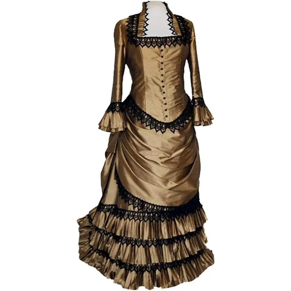 Women's Elegant Steampunk Gown, Victorian Gold Metallic Formal Dress with Adjustable Bustle for Cosplay Balls & Events, Costumes, Clothes, Accessories, Lady, Formal Wear, Fabric, Garment, Elegance, 3Xl, Structured Bustle, Clockwork Detail, Alternative Wed