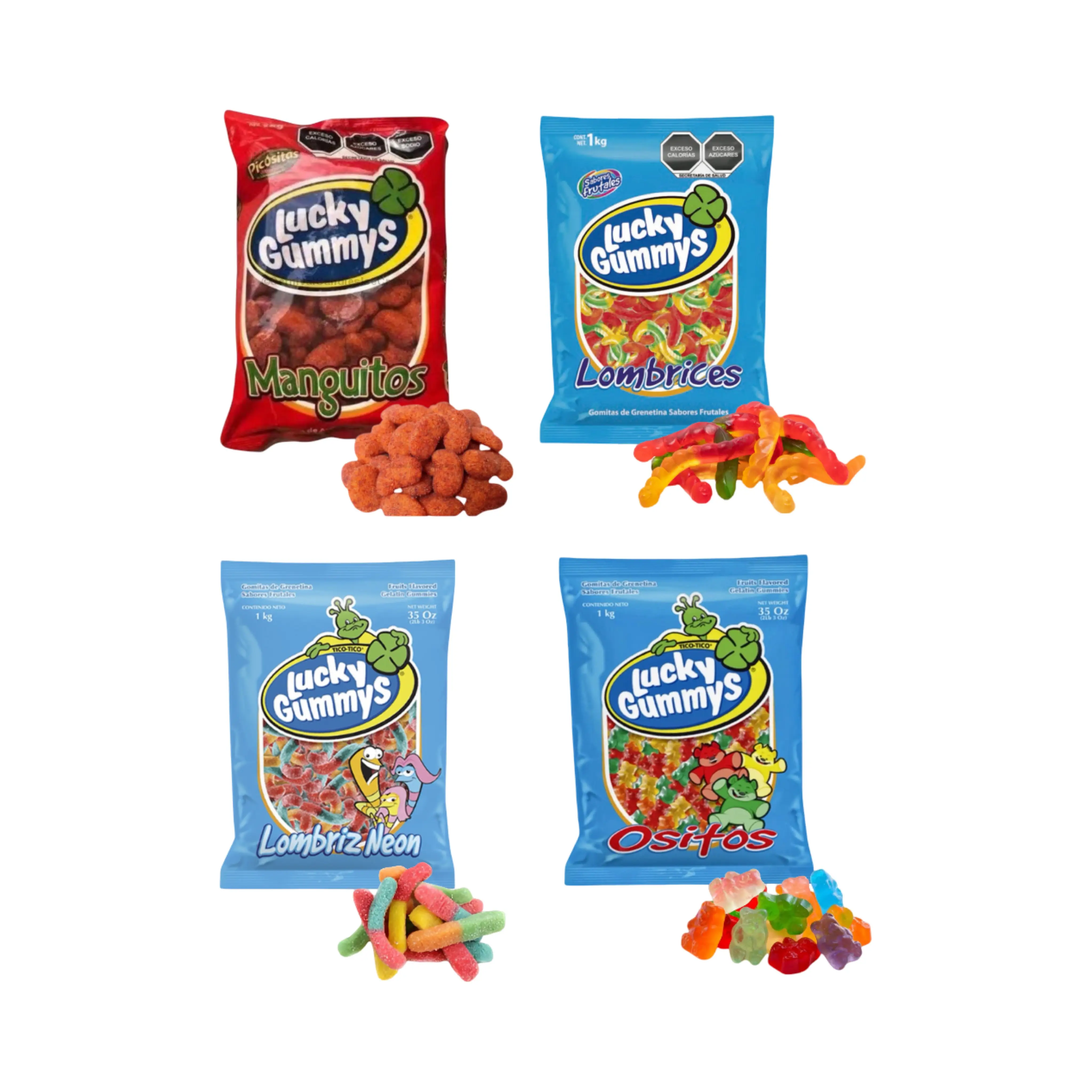 Lucky Gummys (1 Kg Bag) Flavors of Chili Coated Mango Bites, Sour Gummy Worms, Gummy Worms, Gummy Bears, or Peach Rings, Snack Candy Sweet Chewy Mango