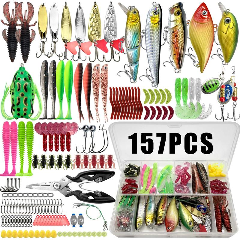 Artificial Fishing Lure Kit, 85, 117, 157, 198 or 375-Piece Fishing Lure Set with Spoon Lures, Soft Plastic Worms, Crankbait Jigs and Fishing Hooks, Fishing Accessories