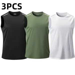 Men’s 3-pack quick-dry sleeveless athletic vests — breathable mesh training tops for summer, suitable for fitness, running, and basketball