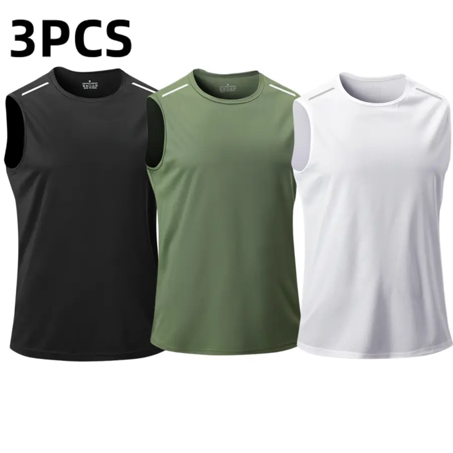 Men’s 3-pack quick-dry sleeveless athletic vests — breathable mesh training tops for summer, suitable for fitness, running, and basketball