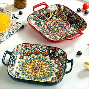 Set of 4 Bohemian Under-Glaze Color Ceramic Tableware Salad and Dessert Bowls for Oven Microwave Dishwasher, Elegant Home Decor and Gift for Mother's Day and Valentine's Day