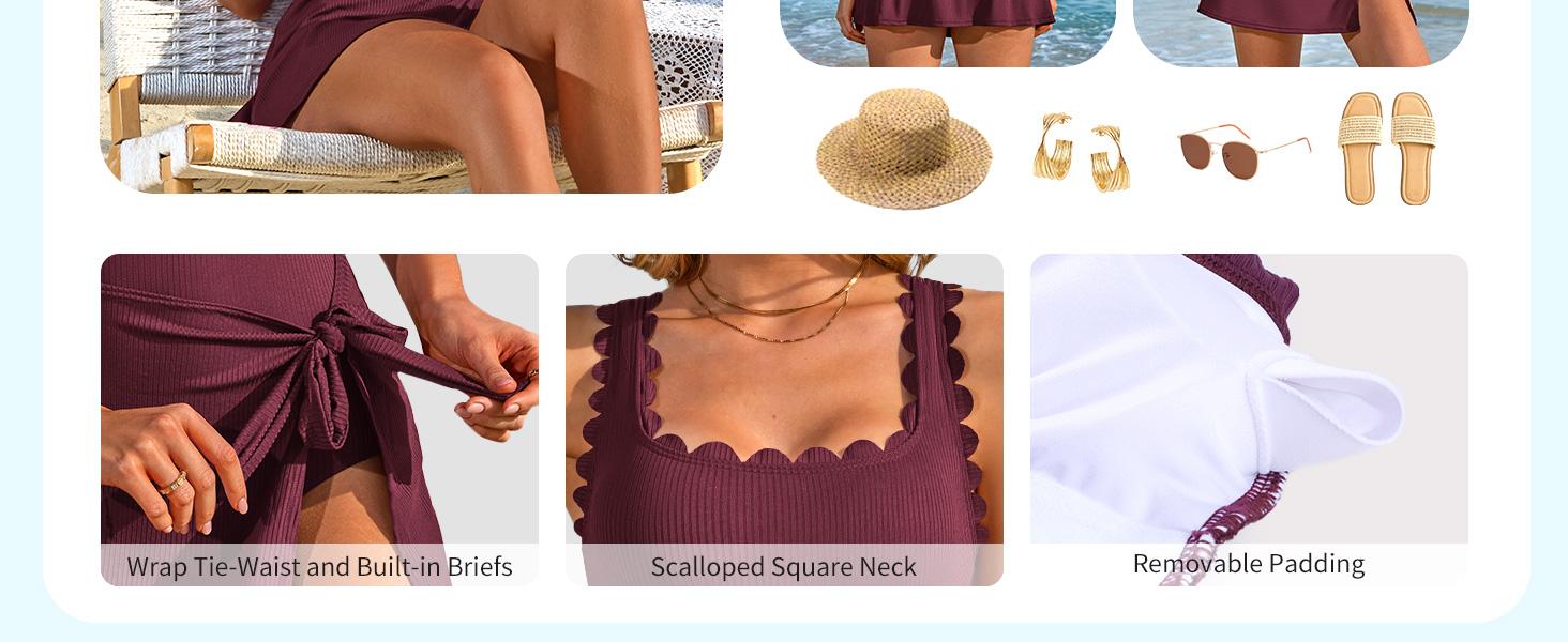 Charmo One Piece Swim Dress Square Neck Scalloped Modest Swimsuits for Women Tummy Control Bathing Suit with Skirt