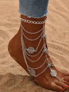Bohemian Multi-Layer Coin Anklet, Interwoven Chains, Carved Coin Details, Finger Design, Perfect for Beach Vacation, Gift Choice