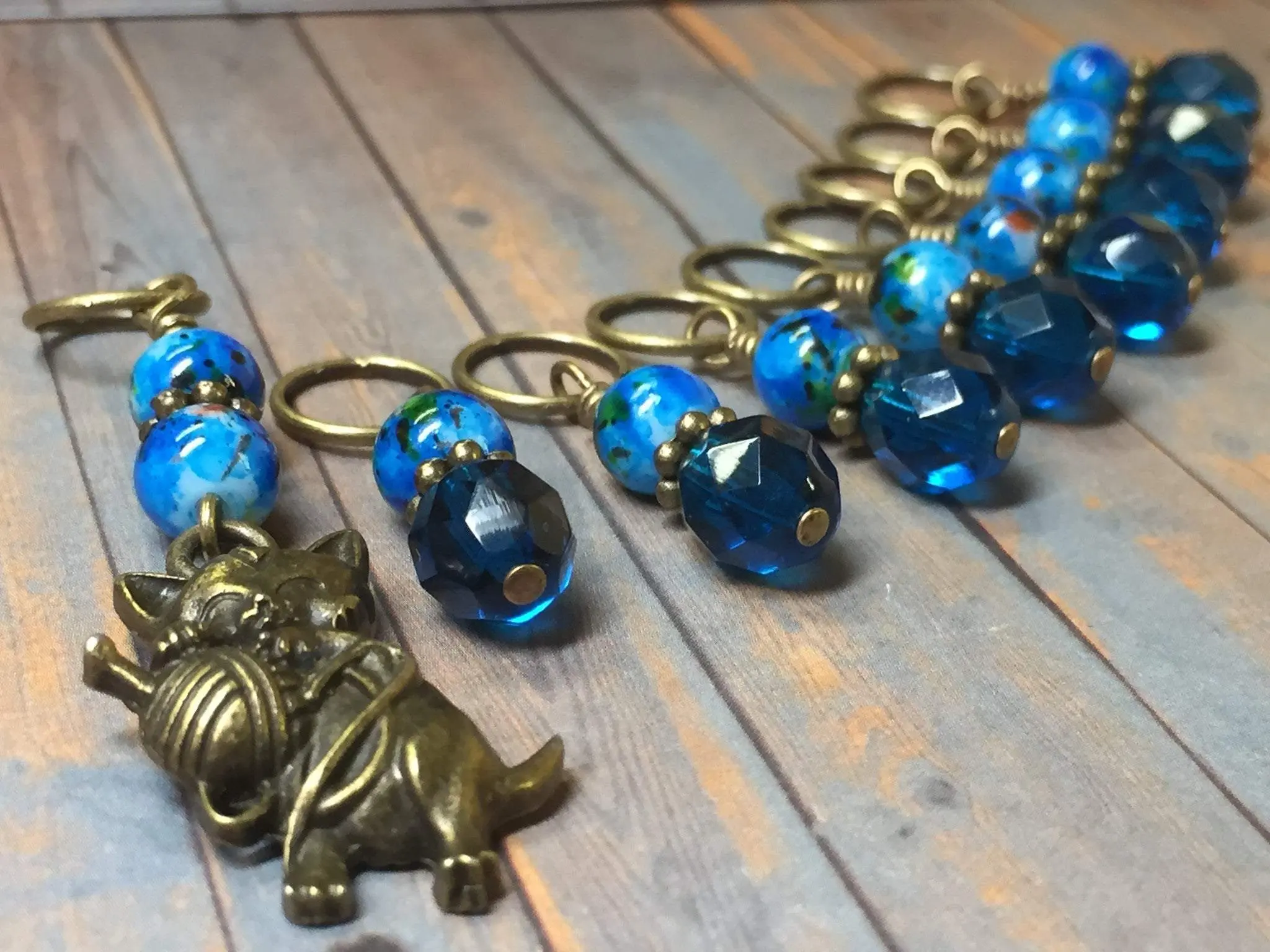 Cat & Yarn Stitch Marker Charm Set- Blue