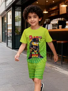 Trendy Bart Simpson themed two-piece boys' kids outfit, short-sleeve and shorts set, 100% polyester casual loose suit, summer fun printed design, outdoor sports T-shirt set, the perfect gift for boys