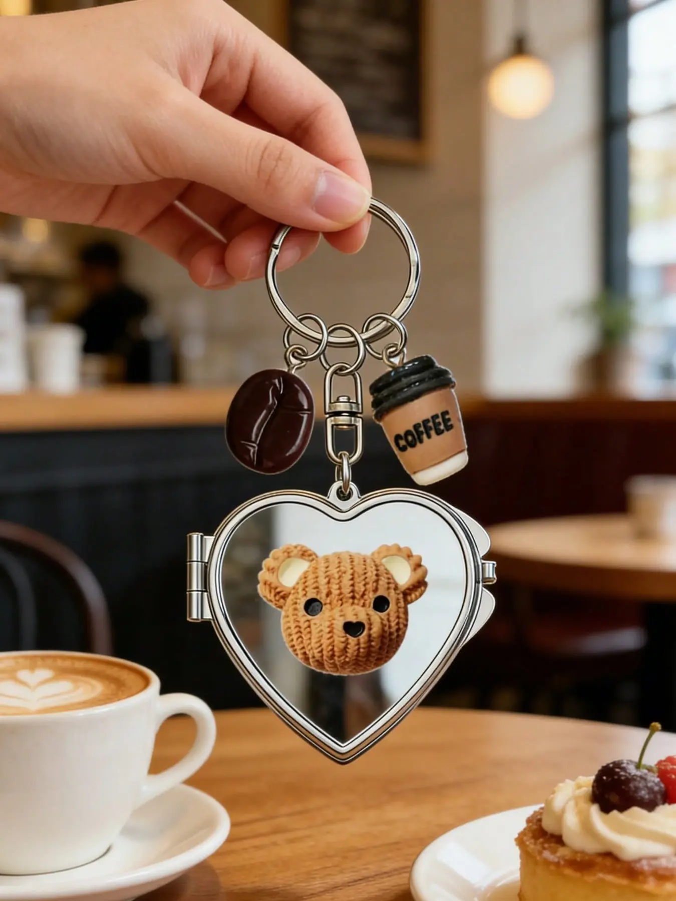 Coffee and Teddy Bear Heart Portable Mirror Keychain, 2-In-1 Foldable Pocket Mirror with Coffee Bean Pendant, Durable Silver Color Magnifying Glass
