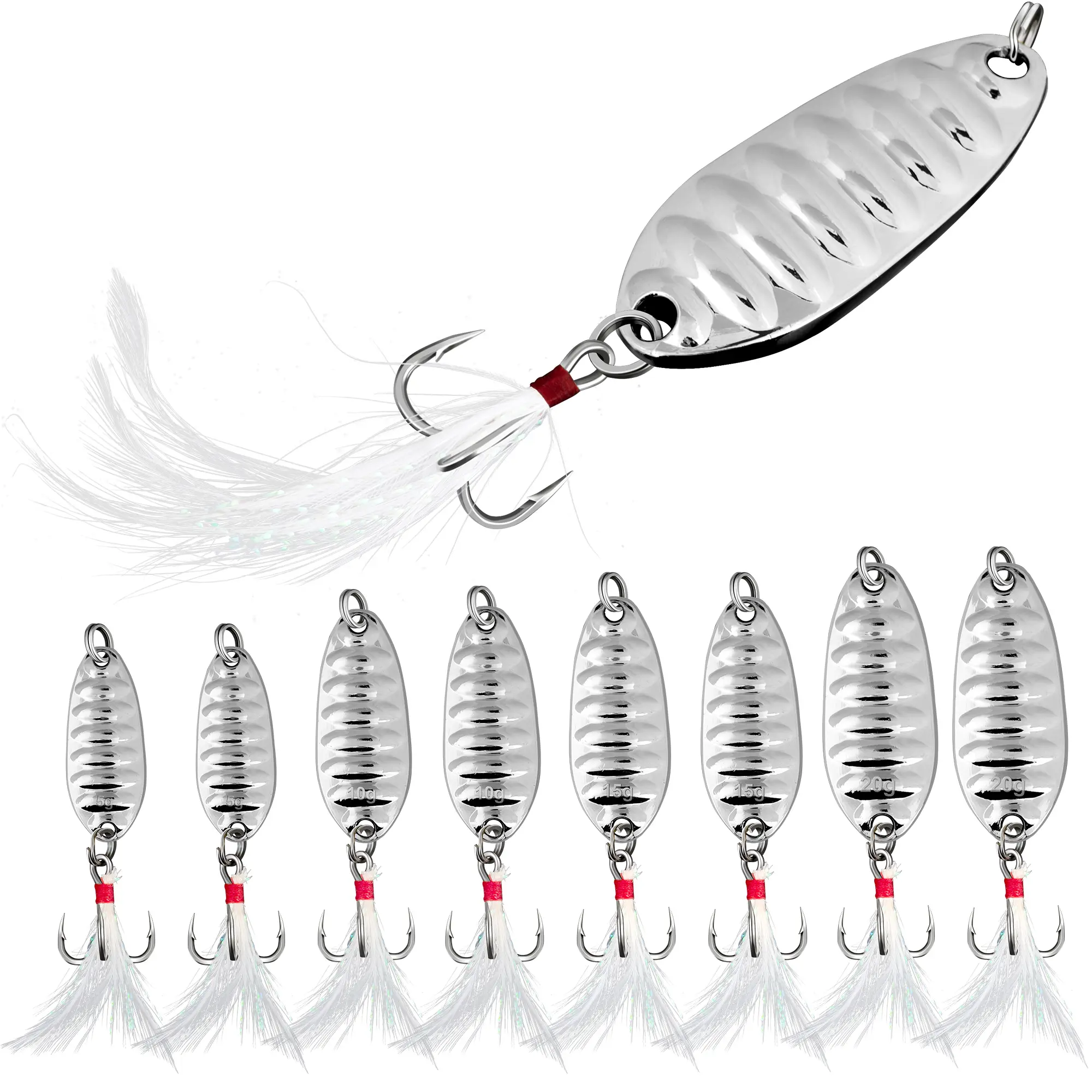 Bombrooster 8PCS Metal Fishing Spoons – Hard Spinner Lures with Feathered Treble Hooks for Long Casting, Flash Attraction & Topwater Action – Ideal for Bass & Trout in Freshwater & Saltwater