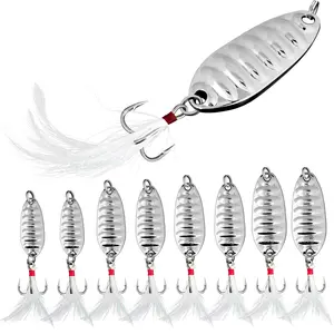Bombrooster 8PCS Metal Fishing Spoons – Hard Spinner Lures with Feathered Treble Hooks for Long Casting, Flash Attraction & Topwater Action – Ideal for Bass & Trout in Freshwater & Saltwater