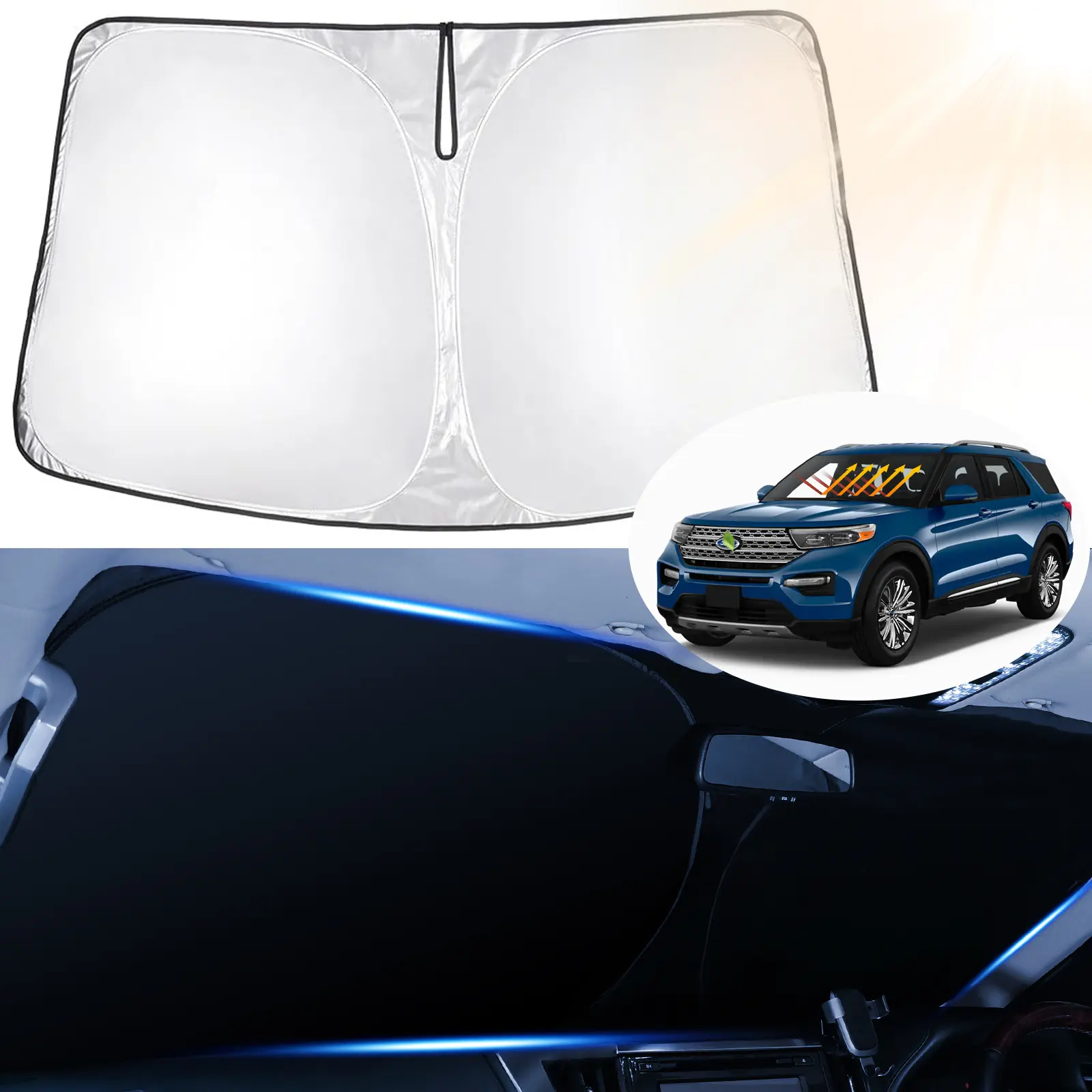 Canvcle Custom Fit UV-Protective Sun-Proof Front Window Sunshade for Ford Explorer 2011-2026, 240T 5-Layer Outside Car Windscreen Cover, Foldable Cool-Keeping Vehicle Protector, Instant Install Car Outside Sunshade, Sunshade For Car Outside, Windscreen Sh