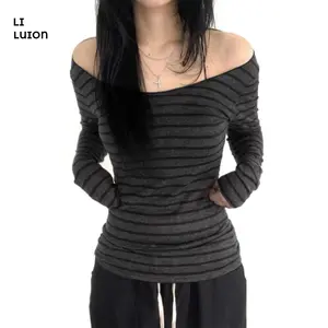 Women's Off Shoulder TopsStriped Long Sleeve Casual T-Shirt for Spring Streetwear