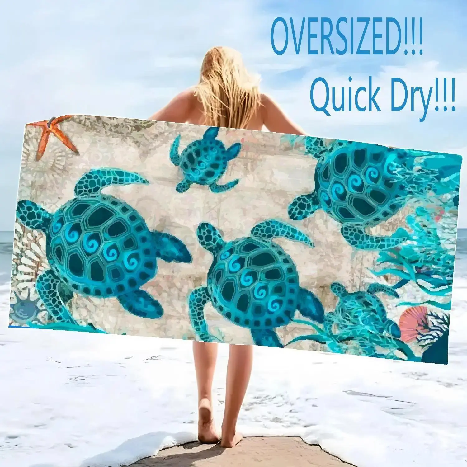 Women's Oversized Linen Geometric Blue Sea Turtle Pool & Beach Towel - 1pc, 30*60inch, Lightweight, Quick Dry, Super Absorbent, Functional Travel Essential Bathroom Towel, 30” X 60”, Sunbathing