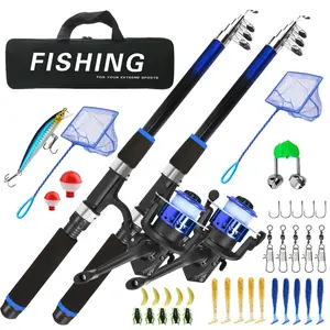 Double Rod Fishing Set, Portable Folding Design, 1.8m Blue Color, Includes Net and Full Accessories, Complete Leisure Fishing Gear