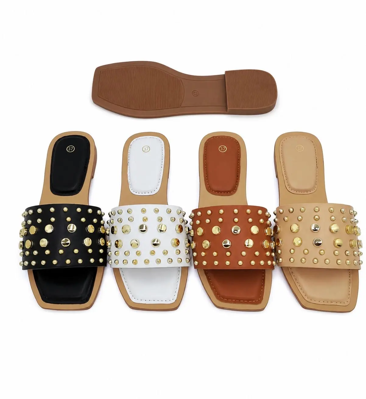 Women's Studded Flat Slide SAndals Casual Square Toe Summer Slipper