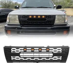 Front Grill Compatible with 1998 1999 2000 Tacoma Pickup Truck, Matte Black Honeycomb Mesh Bumper Grille with Center Amber LED Lights & Letter Accessories, Off-Road Style
