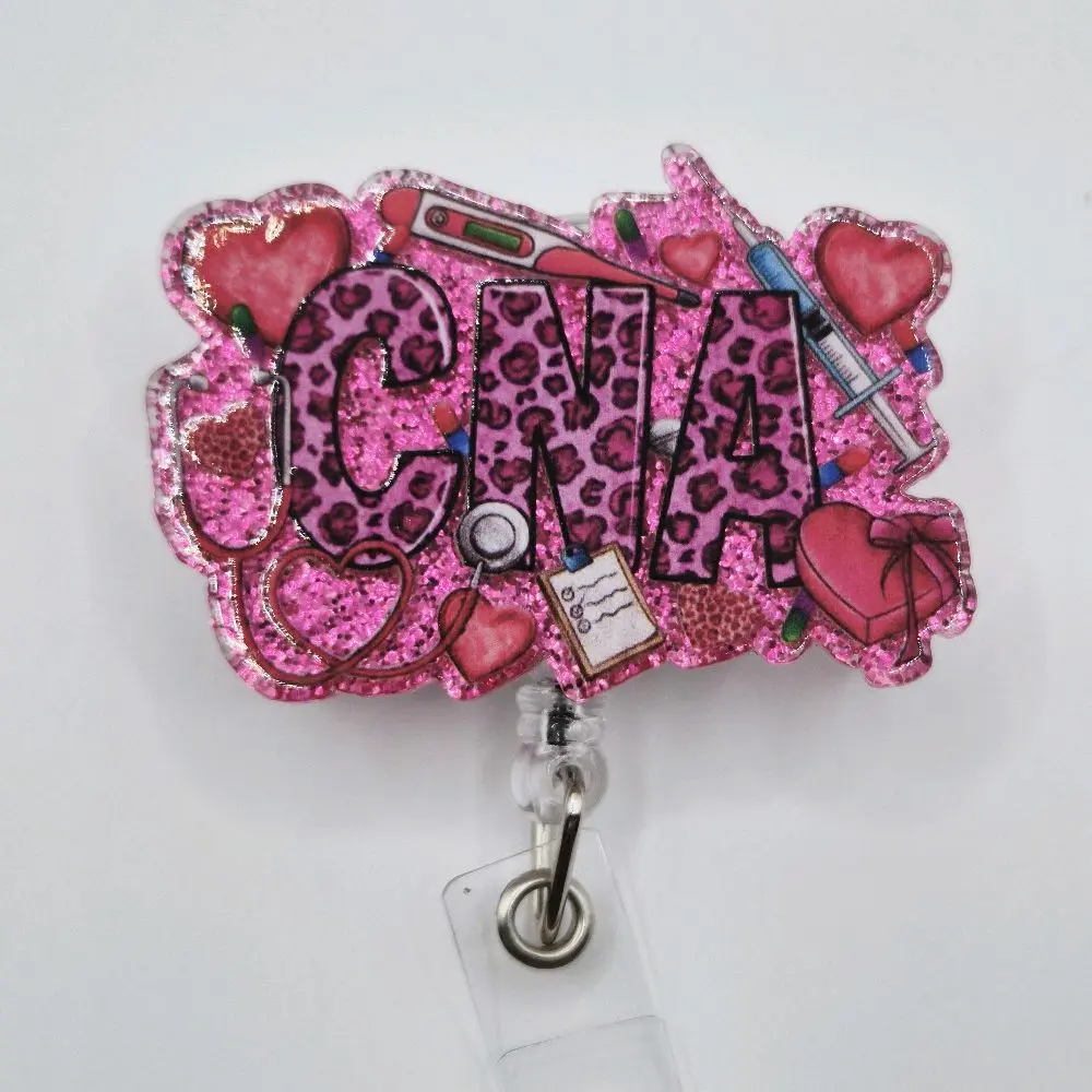 CNA Certified Nursing Assistant Dark Pink Glitter Acrylic Retractable Badge ID Reel Belt or Alligator Clip