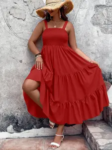 Women's Plus Size Solid Shirred Tiered Layer Cami Dress, Elegant Ruffle Hem High Waist A-line Dress for Beach Holiday, Women's Clothes for All Seasons