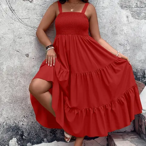 Women's Plus Size Solid Shirred Tiered Layer Cami Dress, Elegant Ruffle Hem High Waist A-line Dress for Beach Holiday, Women's Clothes for All Seasons, Plus Size Dresses, Womenswear