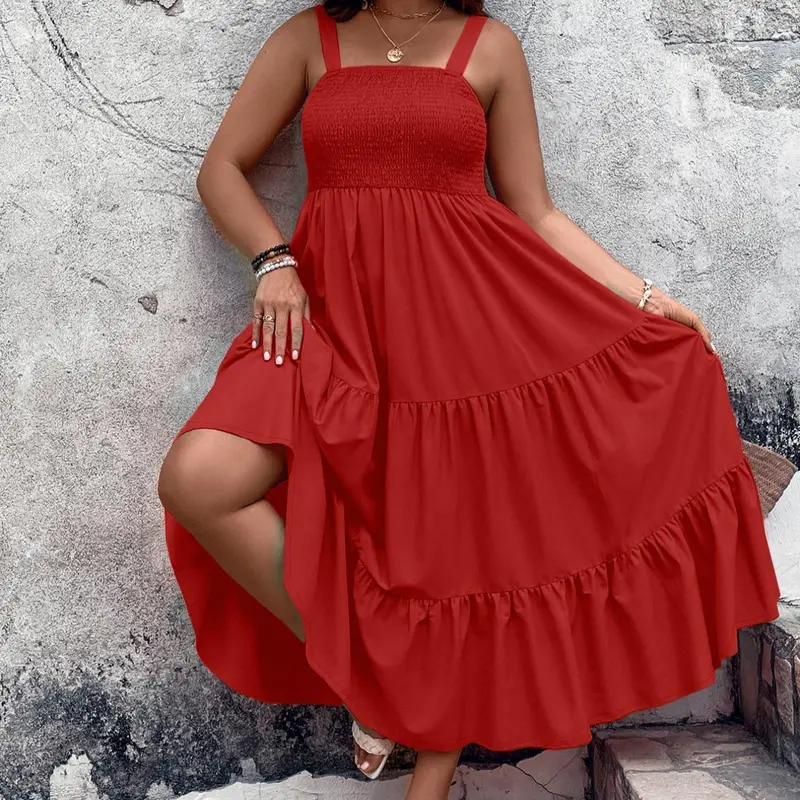 Women's Plus Size Solid Shirred Tiered Layer Cami Dress, Elegant Ruffle Hem High Waist A-line Dress for Beach Holiday, Women's Clothes for All Seasons, Plus Size Dresses, Womenswear