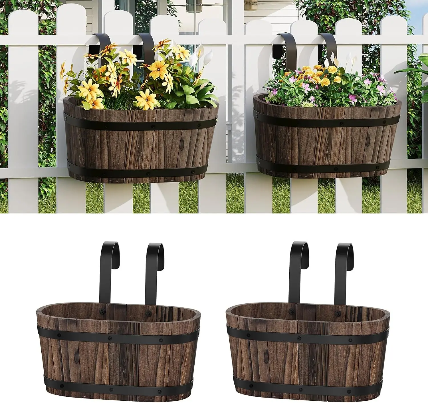 2Pack Wood Fence planters Window boxes planters Railing planter box porch | Hanging Flower Pots, window boxes planters, For Fence Outdoor Plants, balcony planters, Countryside Style, Cute Design