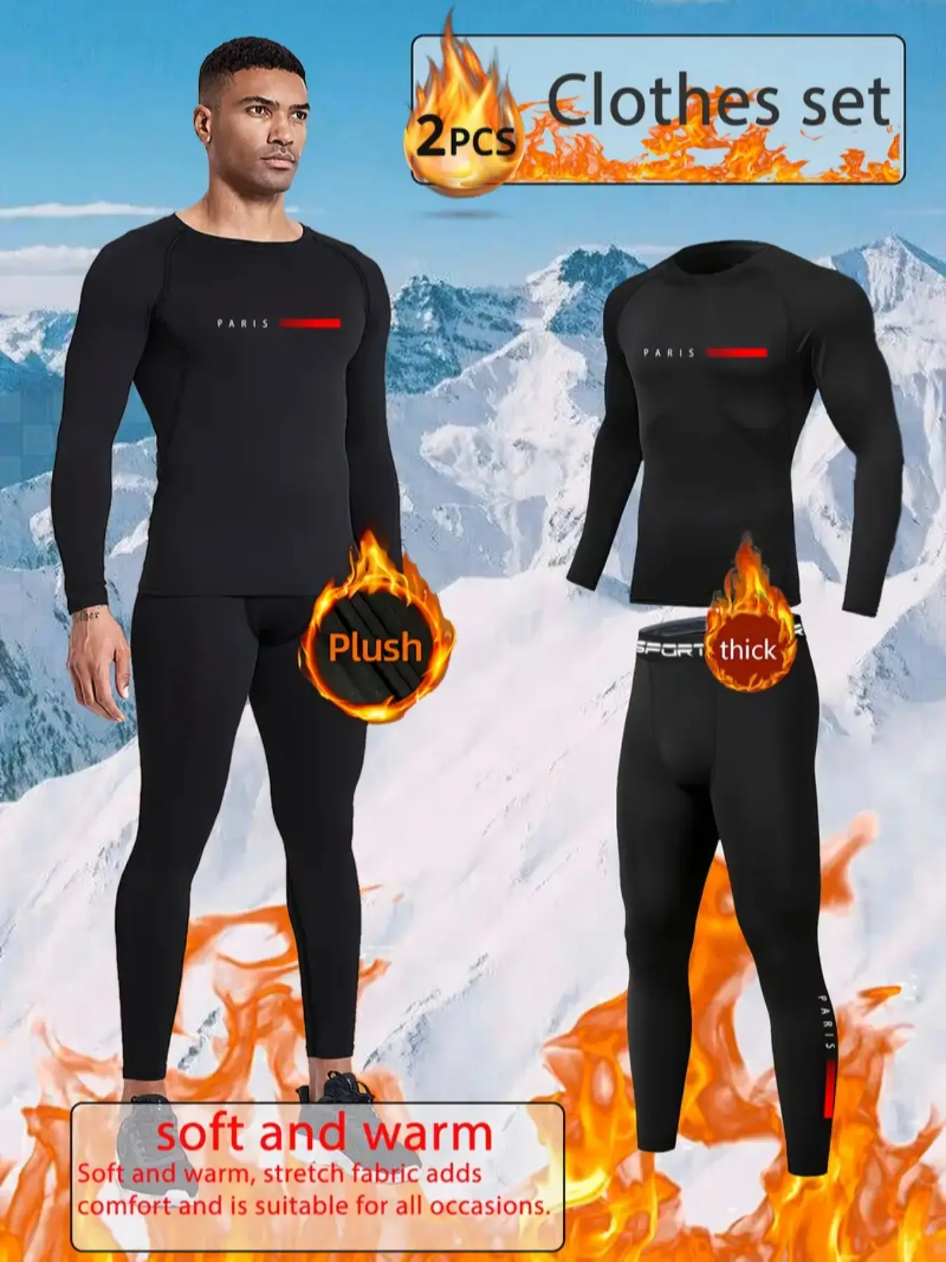 2pCs PARIS Logo ThermalSet,Mountain Climbing Fleece Baselayer - Plush Thick & Soft,HeavyPlush Fleece Thermal Wear, Extreme Cold Stretch Fabric, All-WeatherSport Performance
