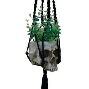 Realistic Skull Planter with Macramé Plant Hanger - Perfect for Spooky Boho Style