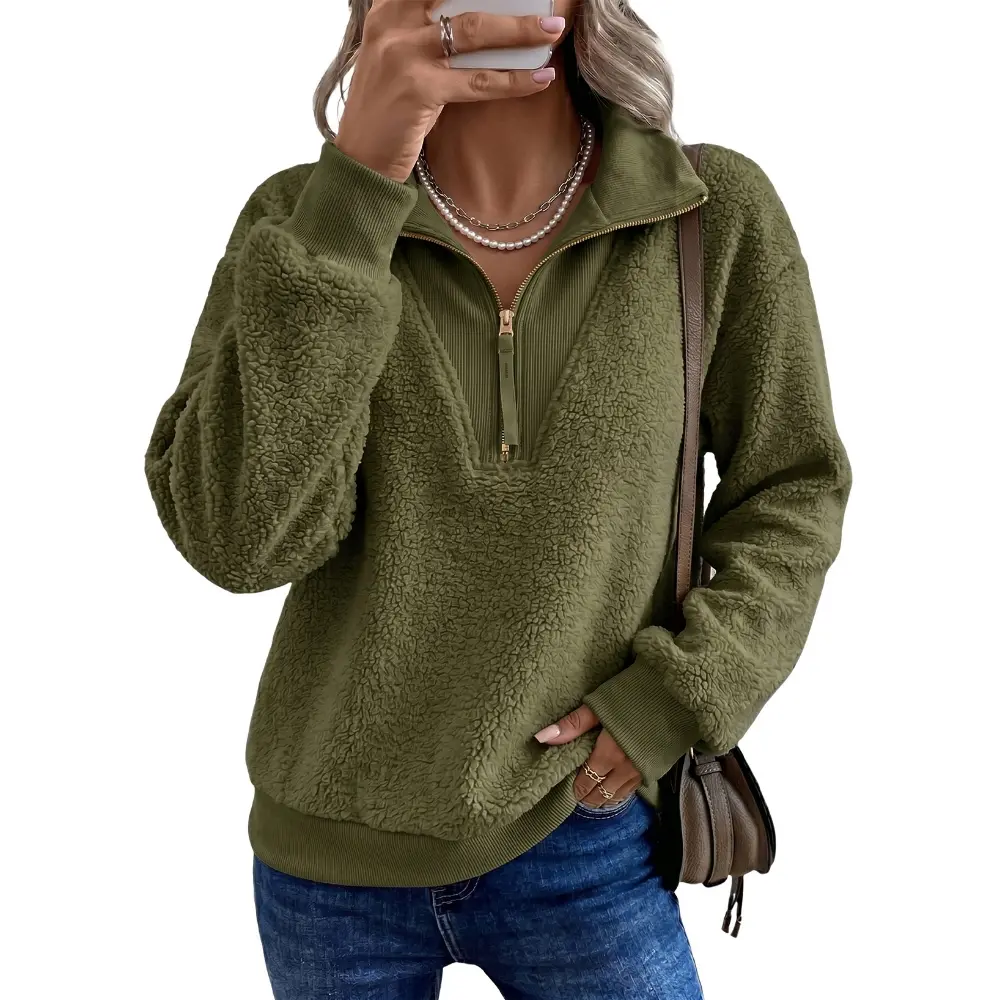 Dokotoo Women Long Sleeve Fleece Half Zip Up Solid Pullover Sweatshirt Casual Pullover Collared Neck Oversized Sweatshirt
