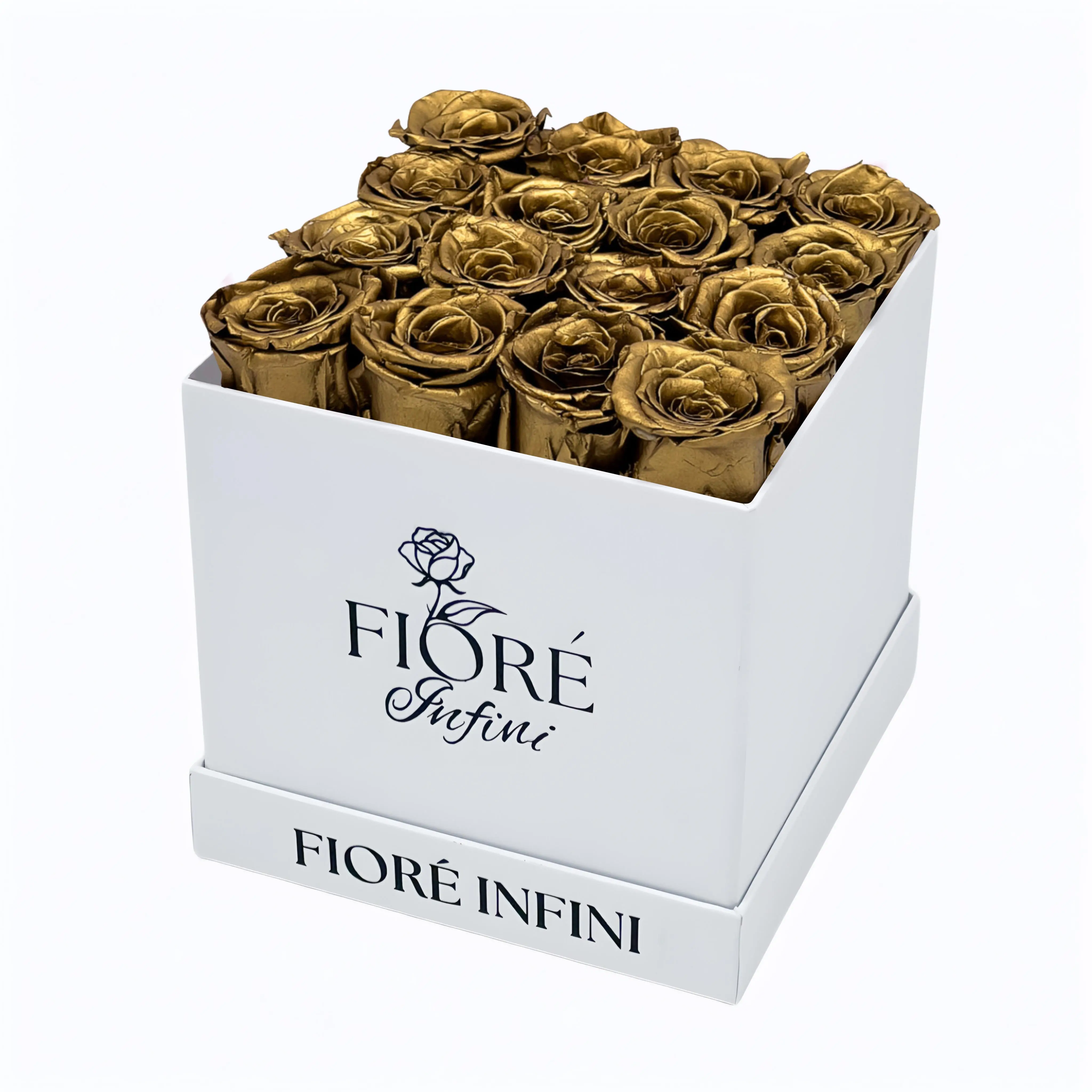 Gold Forever Roses In a White Square Box