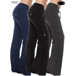 3pcs Women's High Waist Work Pants - Plus Size, Wide Leg, 4 Pockets, Elastic Waist, Convenient For Outdoor Activities