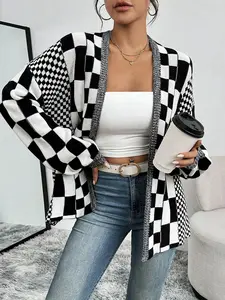 Women's Plaid Patchwork Colorblock Checkered Sweater Coat, Fall Winter Warm Soft Fashion Casual Style Loose Knit Shawl Cardigan Top