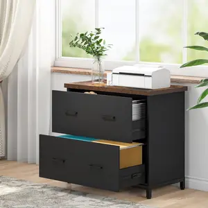 Emoottoo TB-HL0118 2-Drawer Lateral Rustic Wood Filing Cabinet Printer Stand with Storage & Heavy-Duty Steel Frame, Brown & Black