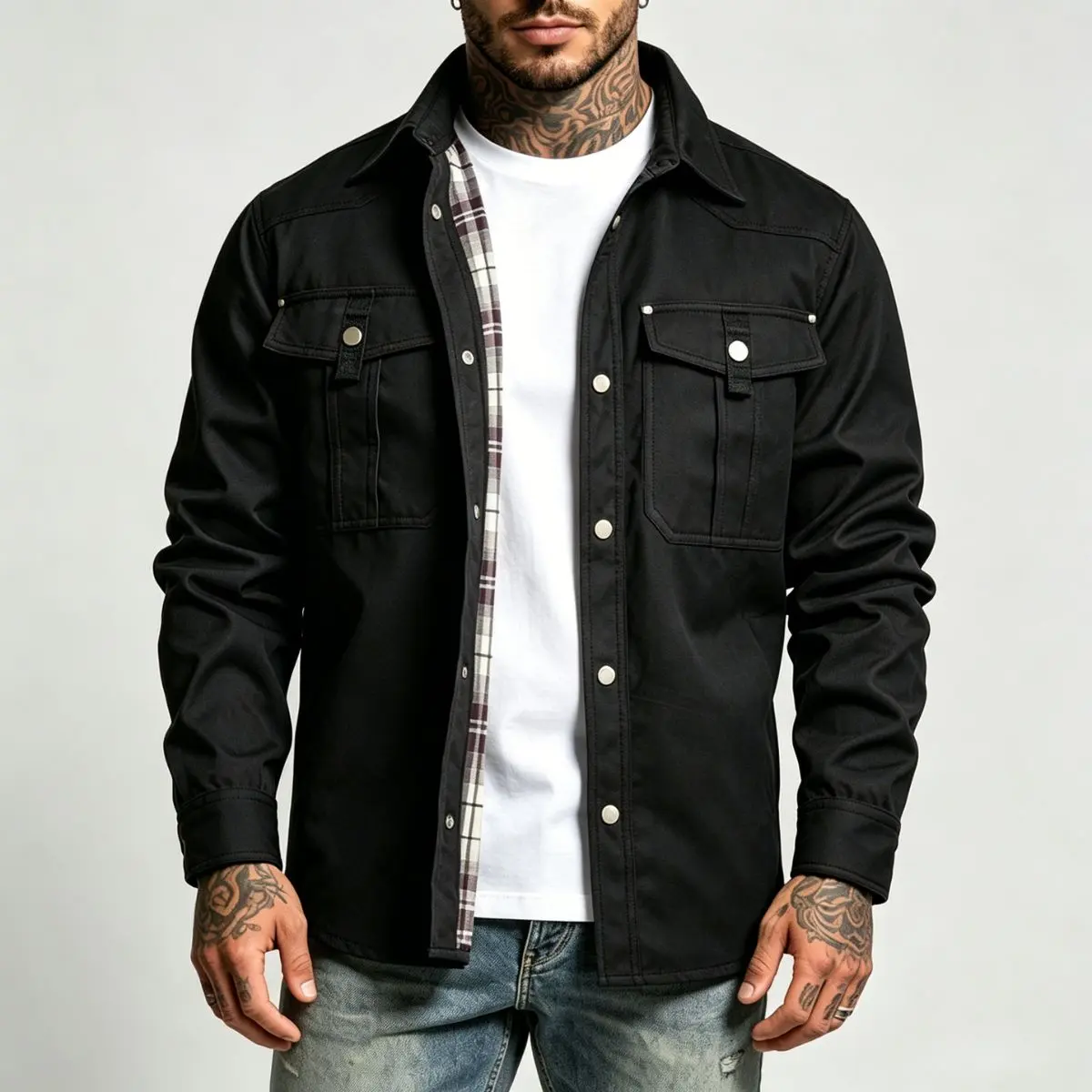 Men's Black European-American Workwear Shirt Jacket - Men's Clothing, Plaid Lining, Notched Lapel, 2 Chest Pockets, Windproof, Casual Outdoor Tops & Coats