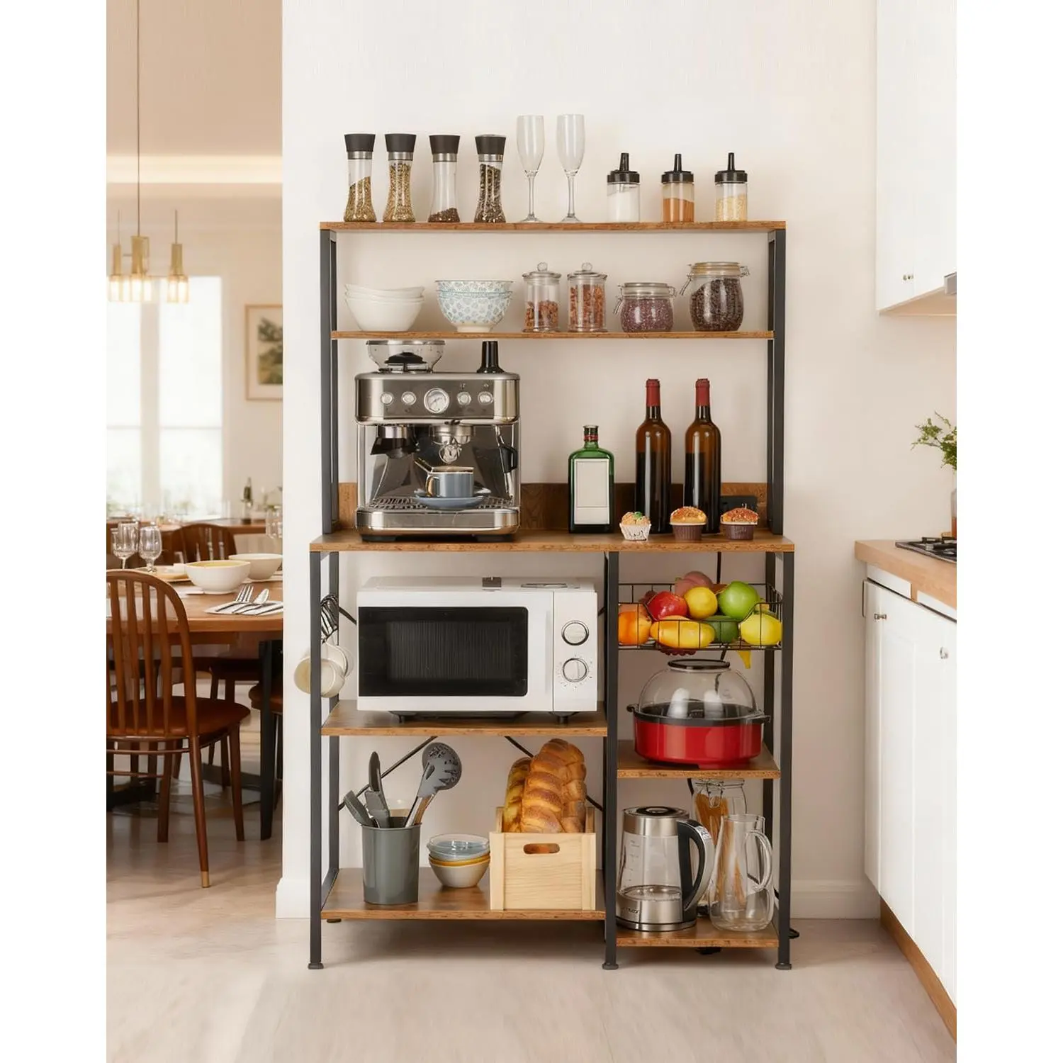 GARVEE Rectangular Kitchen Bakers Rack with Power Outlet, 35x60 in 4-Tier Microwave Oven Stand for Storage Organization, Coffee Bar Table with 5 S Hooks, Rustic Brown Shelf for Spices, Pots