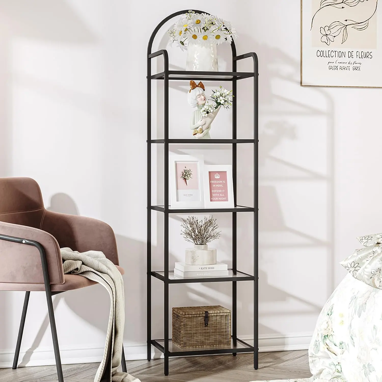 Hzuaneri Bookcase Bookshelf, Tempered Glass Bookshelves | Slim Shelving Unit for Bedroom, Bathroom, Home Office, Steel Frame, 5 Tier Black BC05001B