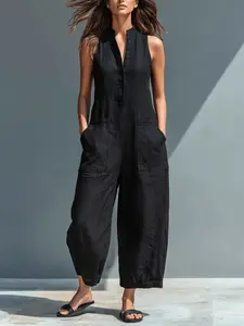 Black Sleeveless Cotton Nylon Jumpsuit  WrinkleResistant Wide Leg Jumpsuit with PocketsIDurable Casual Summer Outfit