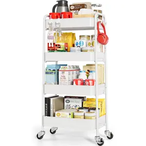 4-Tier Rolling Cart - Metal Storage Organizer with Lockable Wheels, 44 lbs Per Shelf Capacity, Tool-Free Assembly, for Kitchen Bathroom Office Laundry Room , White