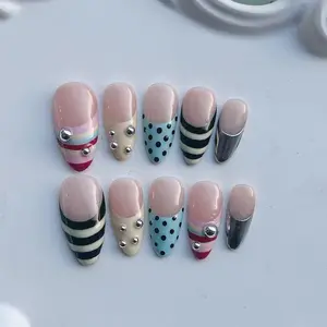 Handmade Striped Press On Nails: 3D Gold Chrome, Cat Eye Design、gift for her