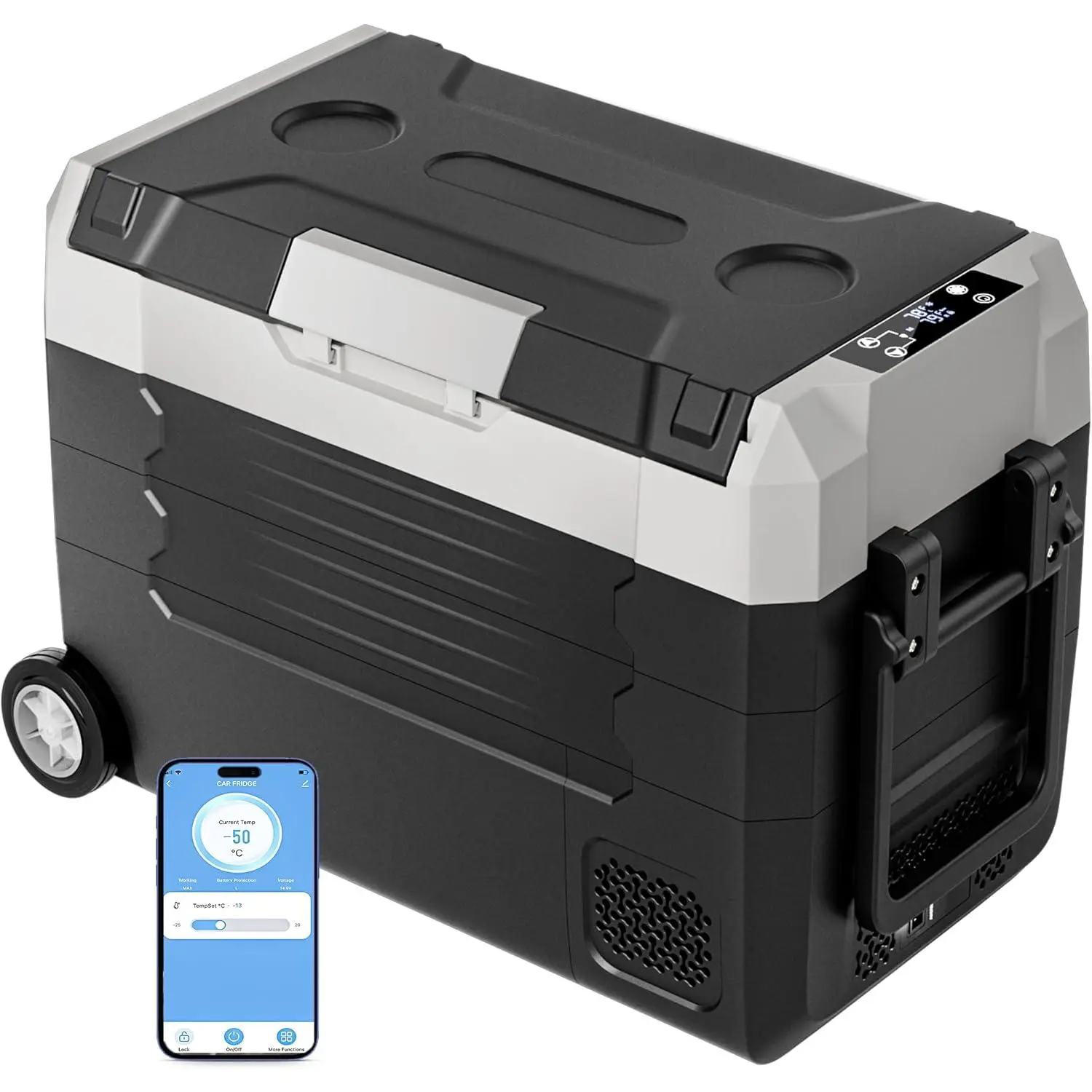 12 Volt Refrigerator, 53QT(50L) Compressor Electric Cooler with Wheels, Car Fridge with APP Control, Portable Freezer -13 ℉ ~68 ℉ , 12/24V DC 110-240V AC Car Cooler for Camping, Travel, Road Trips