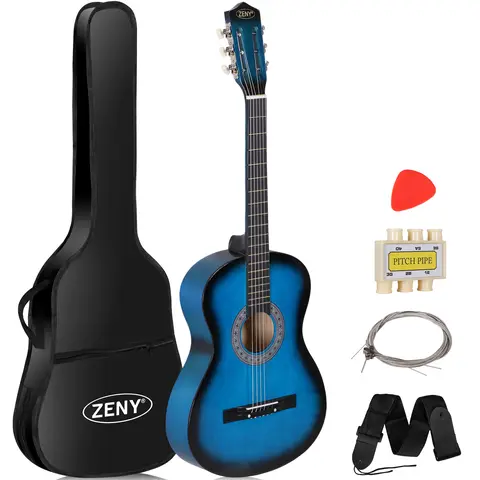 Zeny Beginner-Friendly 38-in Acoustic Guitar Full Set - Right-Handed All-Wood, 19 Frets, Lightweight Steel Strings, Sleek Smooth Finish, for Kid Beginners, W/Case, Shoulder Strap, Pitch Pipe, 1 Pick, 1 String Set