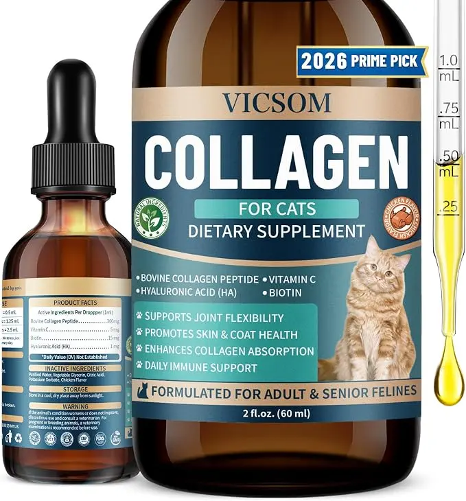 VICSOM Liquid Collagen for Cats - Joint, Skin & Coat Support Supplement | with Bovine Collagen, Biotin & Vitamin C | Supports Mobility, Flexibility & Immune Health
