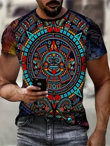 Men's 3D Print Aztec Tribe Pattern T-Shirt, Vibrant Color Bold Print Short Sleeve Round Neck, Breathable Fit Machine Wash Summer Streetwear Top