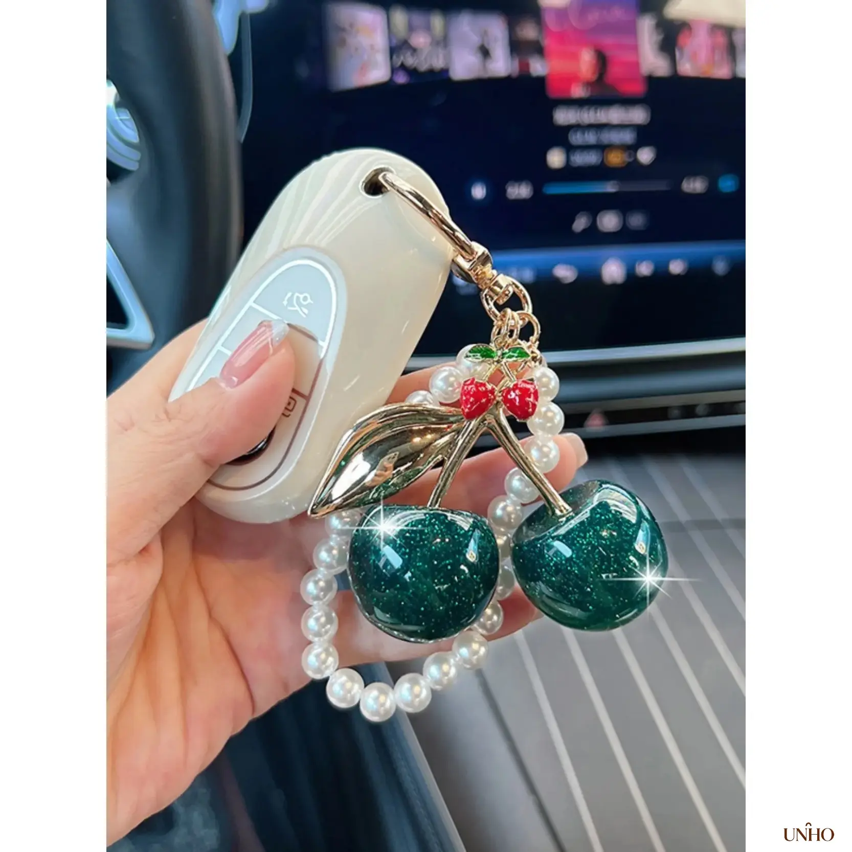 Sparkle Cherry Pearl Chain Key Ring Bag Charm For Women, Stylish All Season Decor Pendant, Multi Purpose Accessory For Car Keys Handbags And Elegant Fashion Holiday Gift For Ladies
