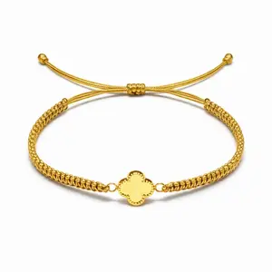 Handmade 18K Gold Clover Charm Bracelet, Adjustable Macramé, Luxury Minimalist Jewelry