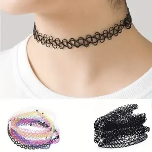 12pcs/1set Halloween Punk Gothic Lace Choker Necklace Set, Fashion Necklace, Black Tattoo Choker For Teen Girls, Party Favors