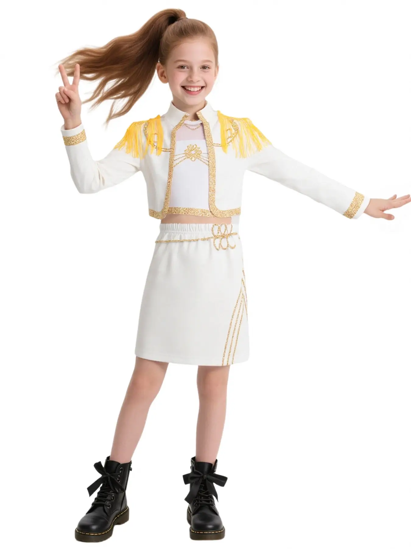 Girls' K-Pop Mira Crop Top & Skirt Set, Long Sleeve Fitted Costume, Halloween Cosplay Dress for Kids, All Seasons Wear