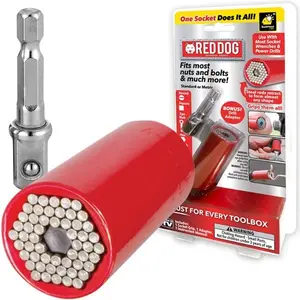 Red Dog All-in-One Socket with Drill Adapter, Adjustable Universal Socket, Fits Most Nuts & Bolts, Use with Socket Wrenches and Power Drills