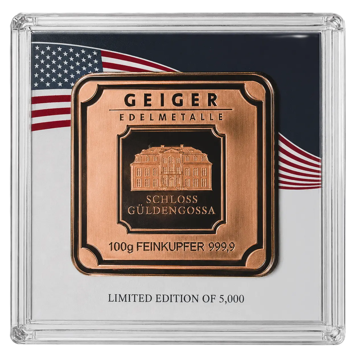 100g Copper Geiger Edelmetalle Copper Square in Assay – LE 5,000 American Flag Shipping Included