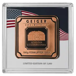 100g Copper Geiger Edelmetalle Copper Square in Assay – LE 5,000 American Flag Shipping Included