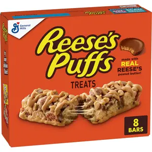 REESE'S Puffs Crispy Crunchy Peanut Butter and Cocoa Cereal Treat Bars, Cupboard Snack Bars, 8 Ct, 6.8 oz